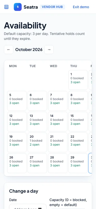 Seatra Vendor bridal appointment calendar on a phone (fictional demo business)