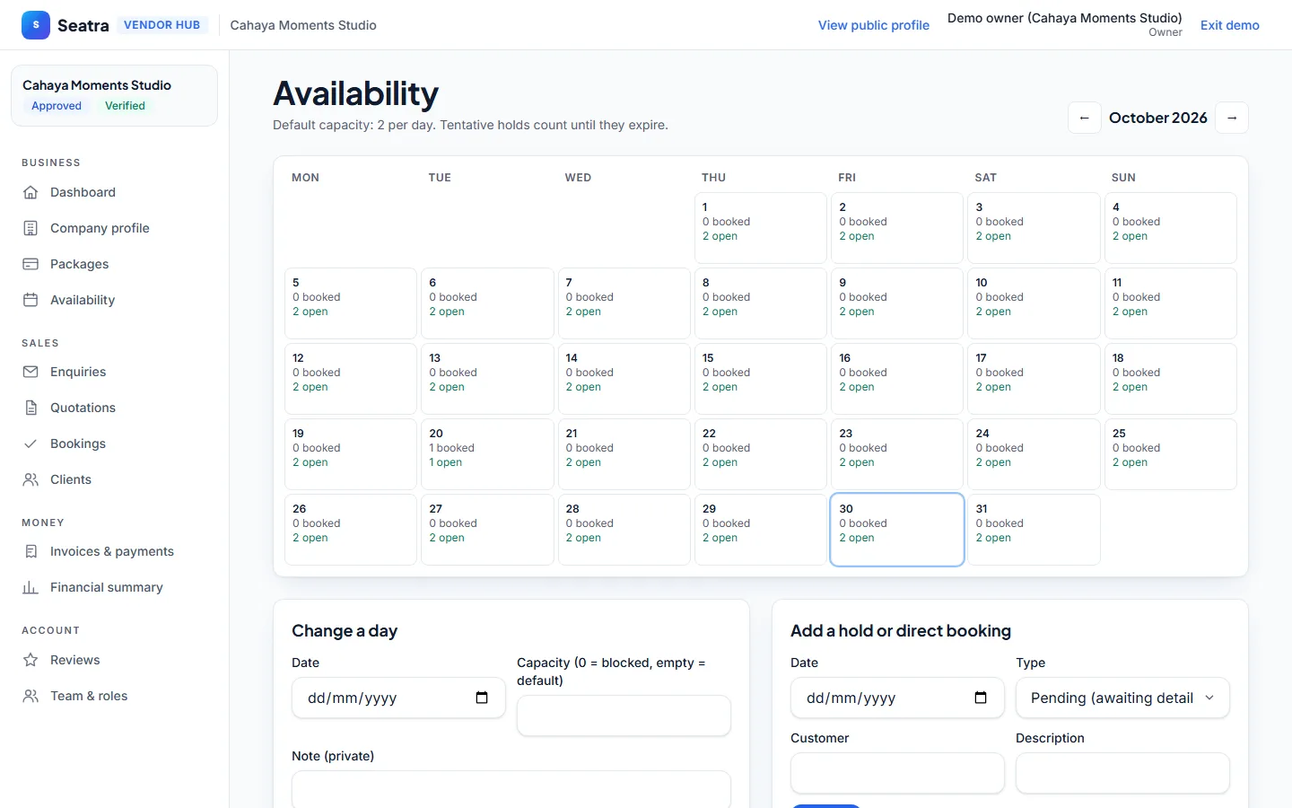 Seatra Vendor booking calendar screen on desktop (fictional demo data)