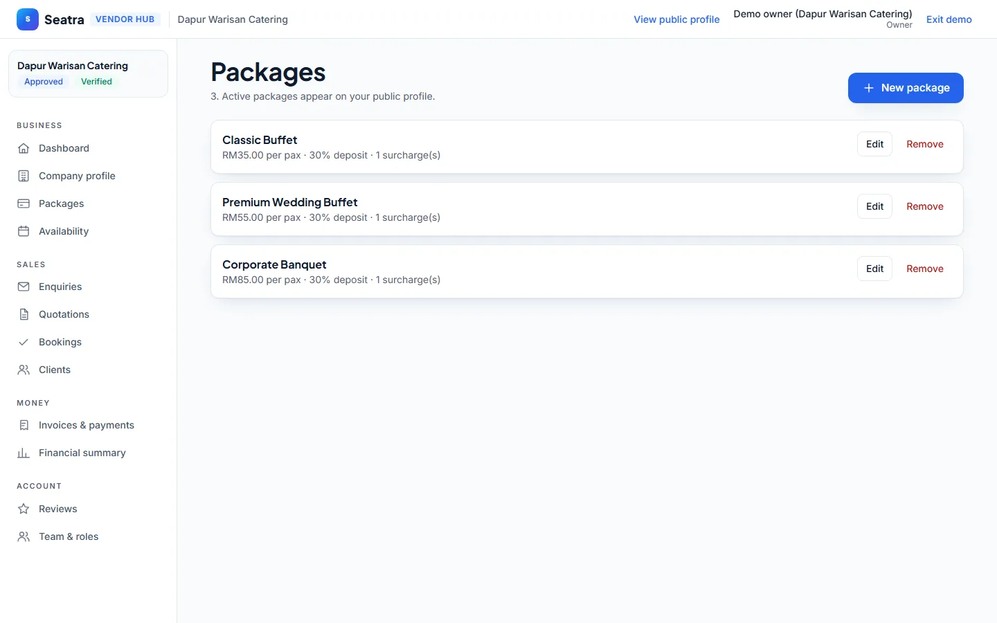 Seatra Vendor packages screen (fictional demo business)