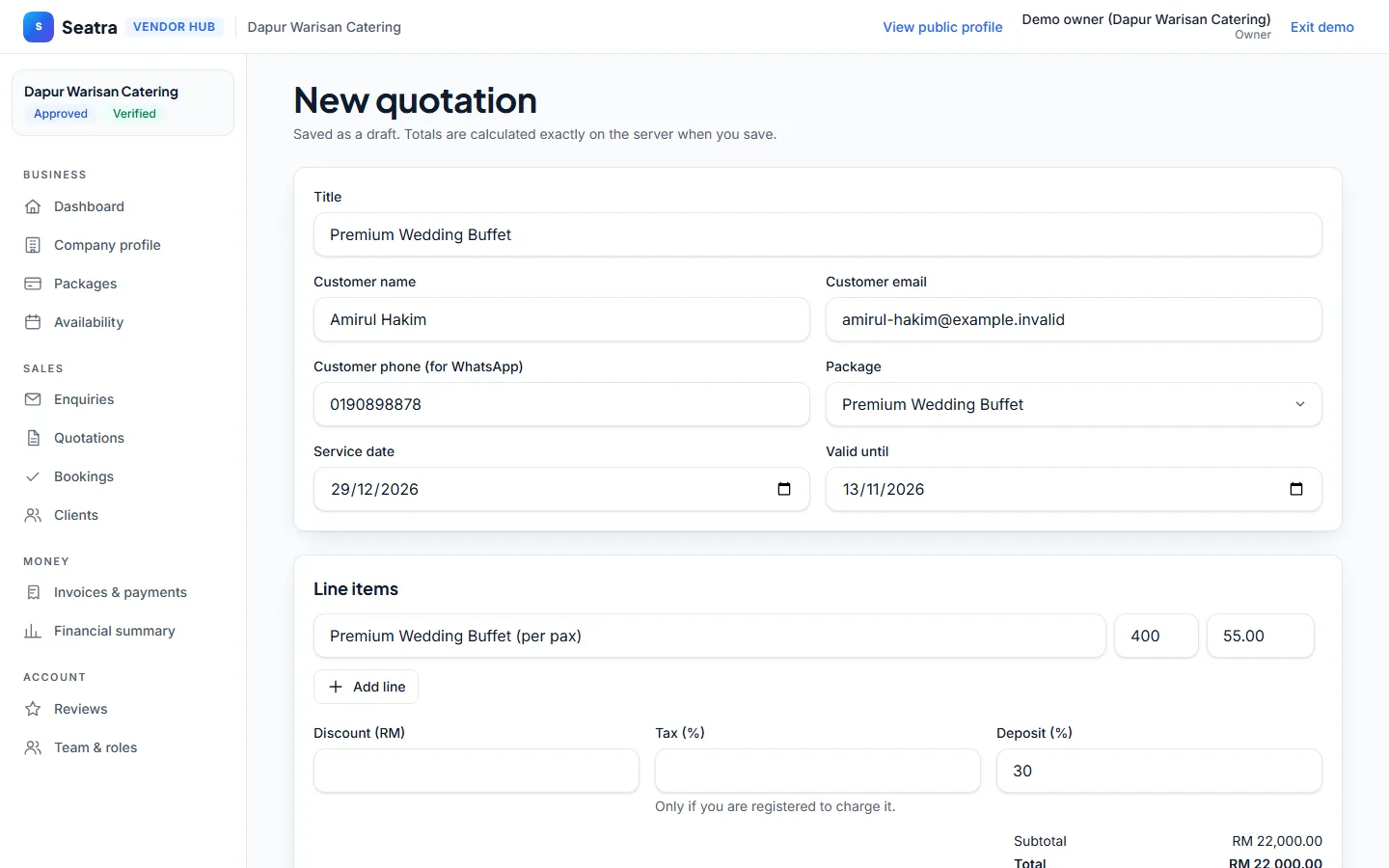 Seatra Vendor quotations screen (fictional demo business)