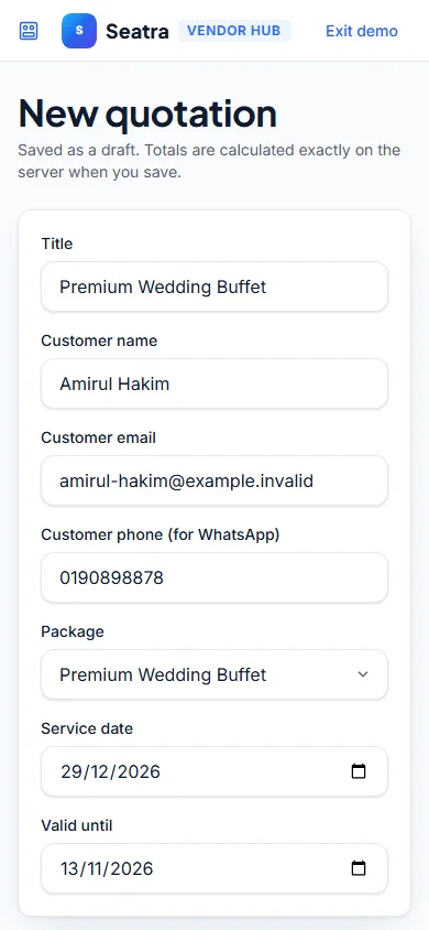 Seatra Vendor catering quotation, priced per pax on a phone (fictional demo business)