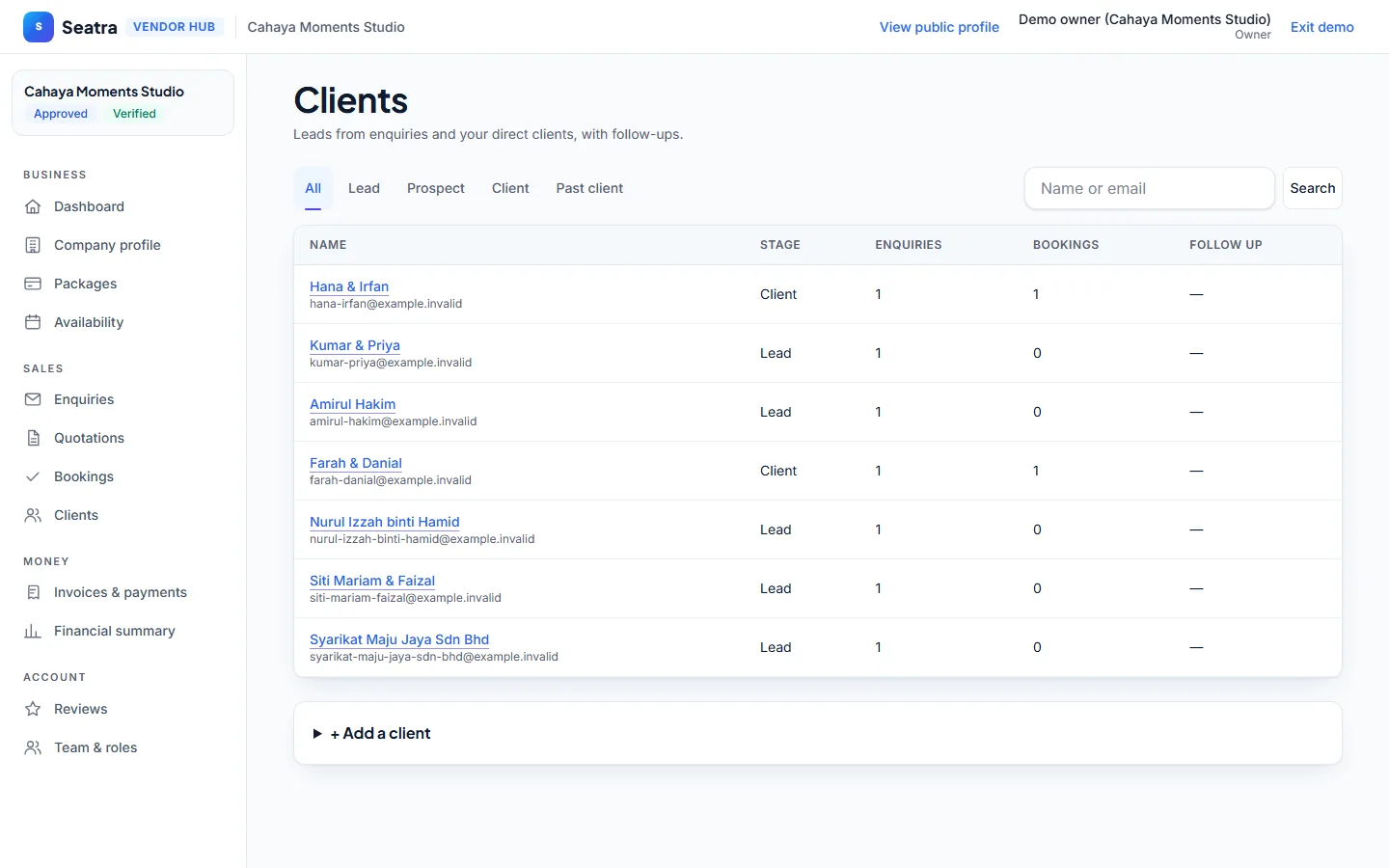 Seatra Vendor connected records screen (fictional demo business)