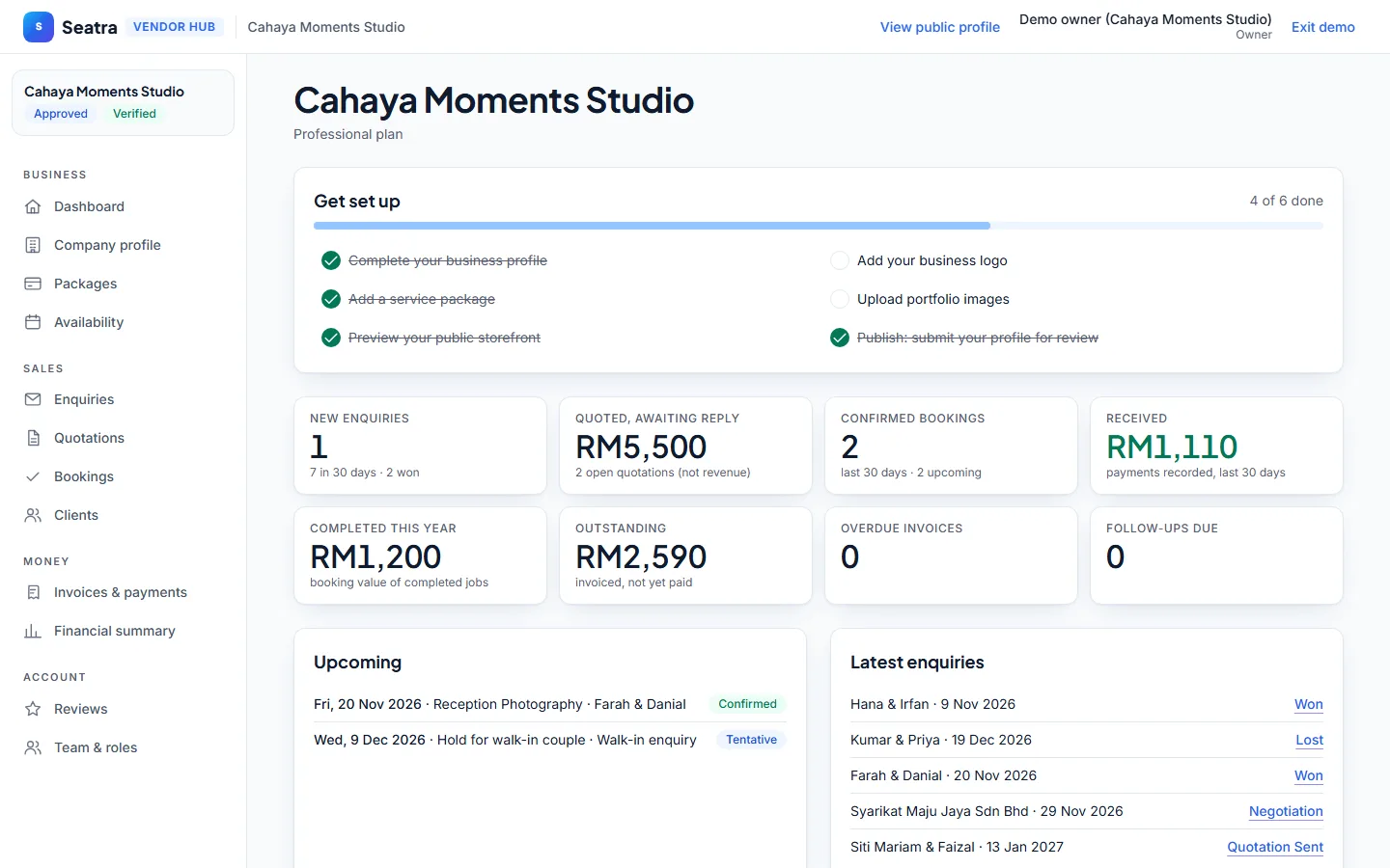 Seatra Vendor dashboard screen on desktop (fictional demo data)