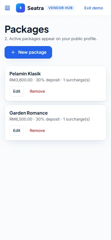 Seatra Vendor pelamin and floral packages on a phone (fictional demo business)