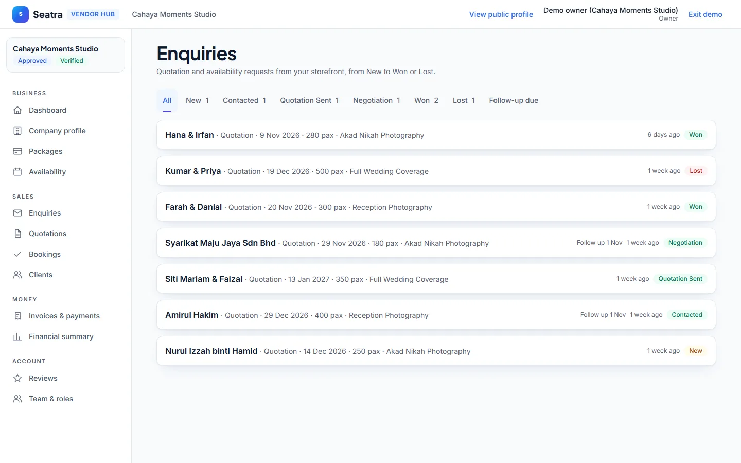 Seatra Vendor enquiries screen (fictional demo business)