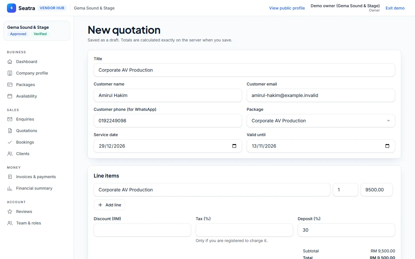 Seatra Vendor AV production quotation (fictional demo business)