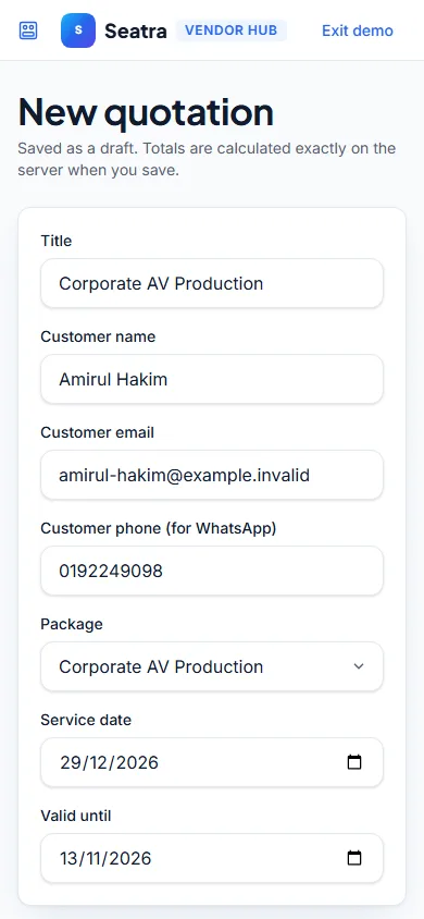 Seatra Vendor AV production quotation on a phone (fictional demo business)
