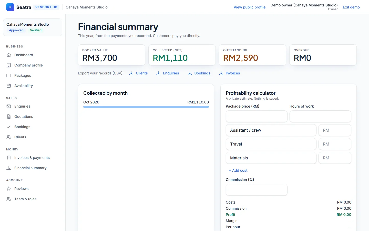 Seatra Vendor business overview screen (fictional demo business)