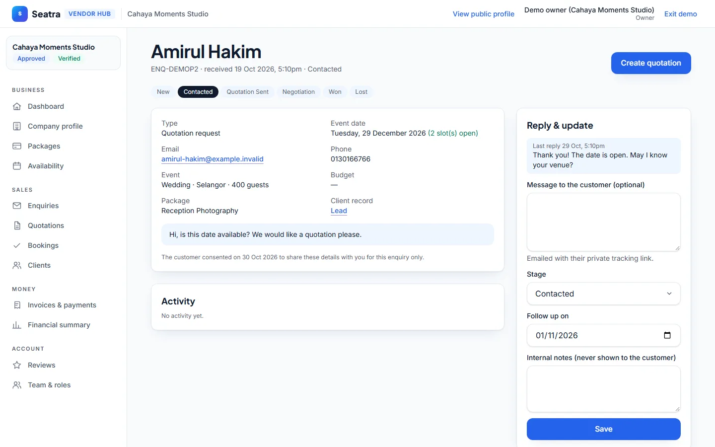 Seatra Vendor follow-ups screen (fictional demo business)