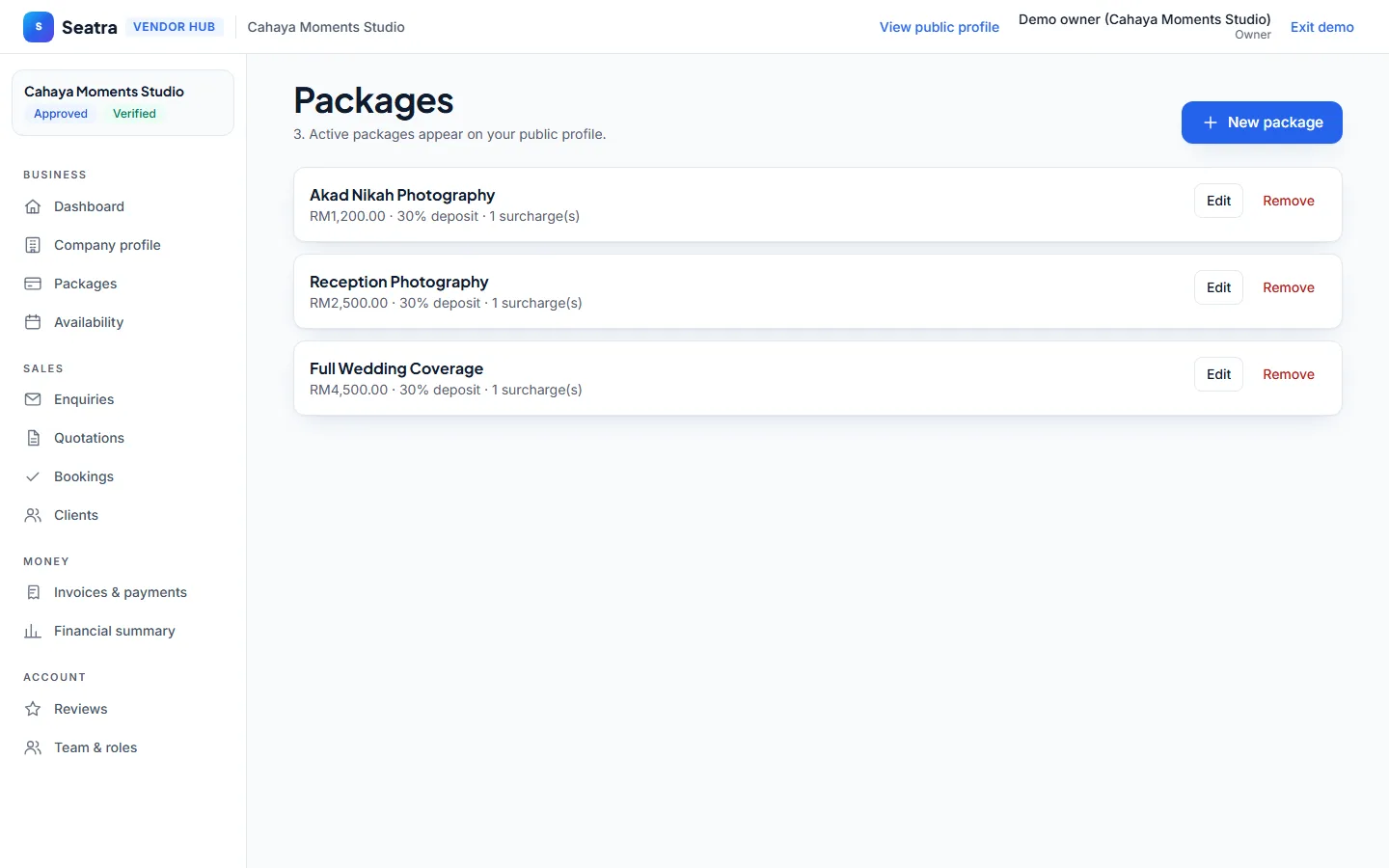 Seatra Vendor photography packages (fictional demo business)