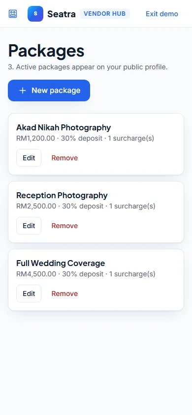 Seatra Vendor photography packages on a phone (fictional demo business)