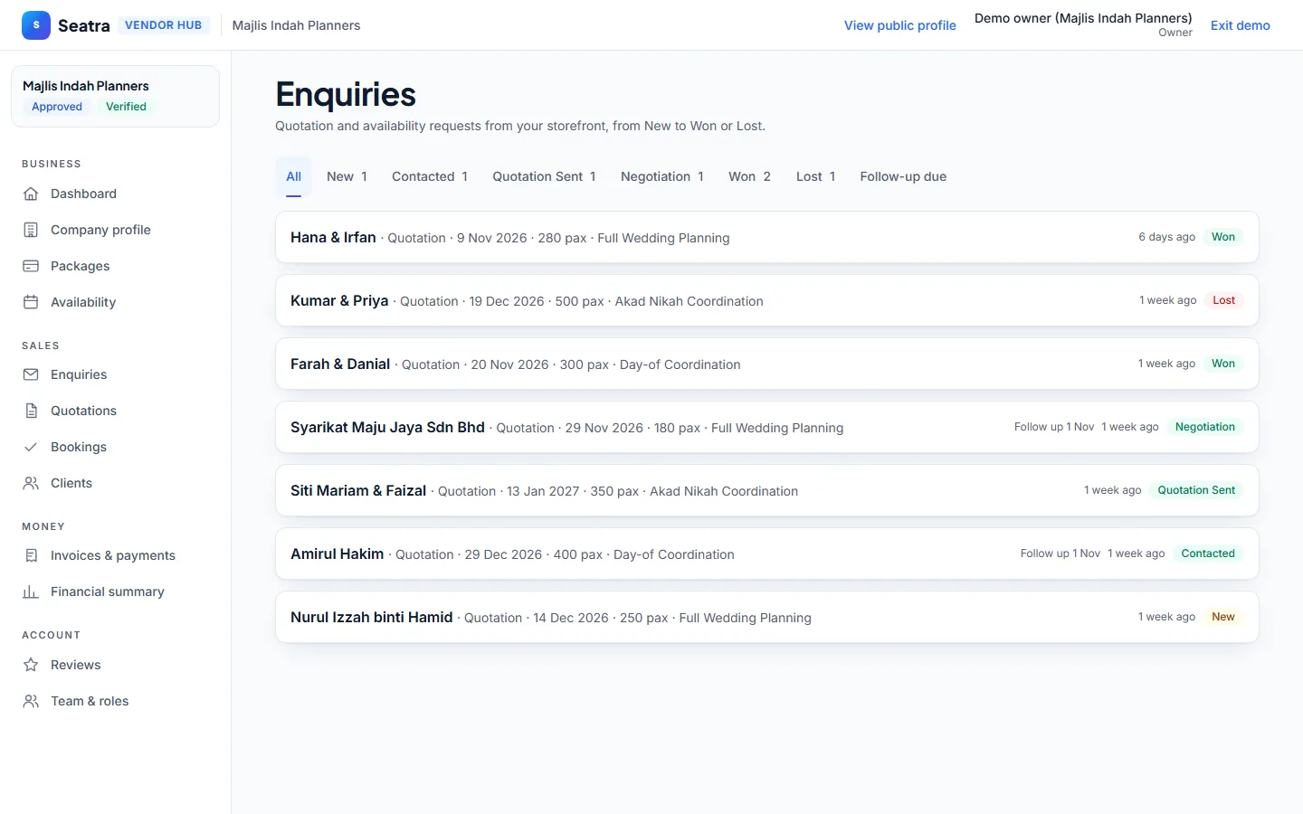 Seatra Vendor enquiry pipeline of a wedding planner (fictional demo business)