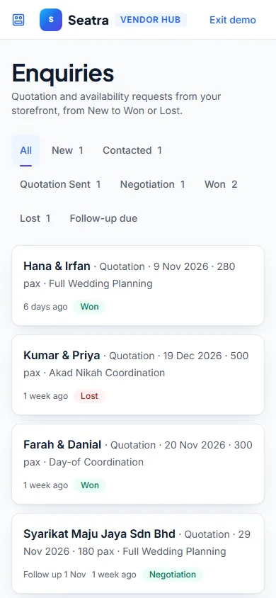 Seatra Vendor enquiry pipeline of a wedding planner on a phone (fictional demo business)