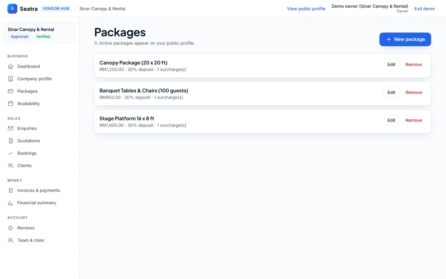 Seatra Vendor canopy and furniture rental packages (fictional demo business)