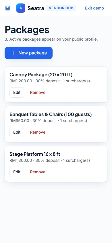 Seatra Vendor canopy and furniture rental packages on a phone (fictional demo business)