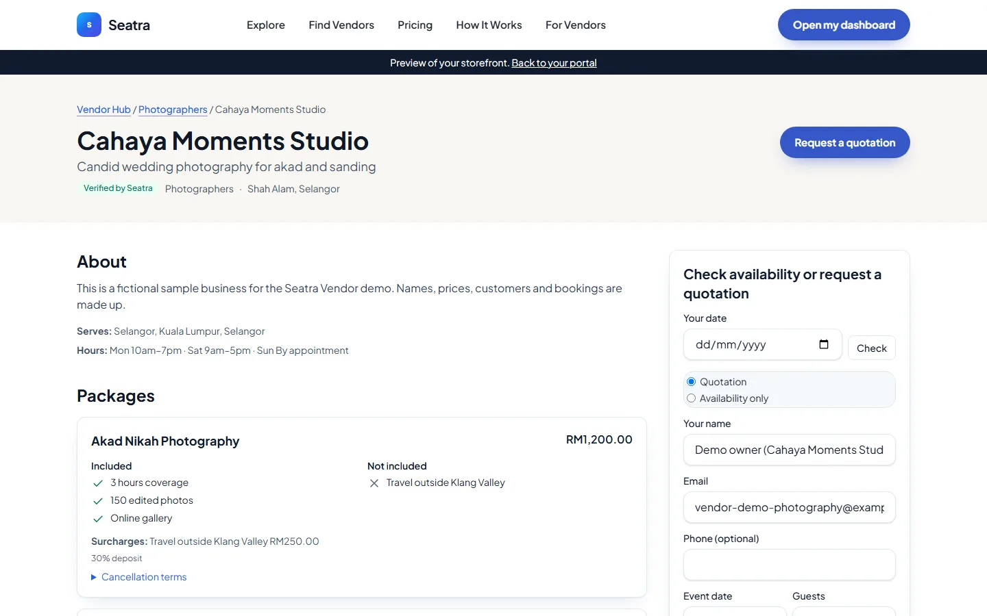 Seatra Vendor storefront screen (fictional demo business)