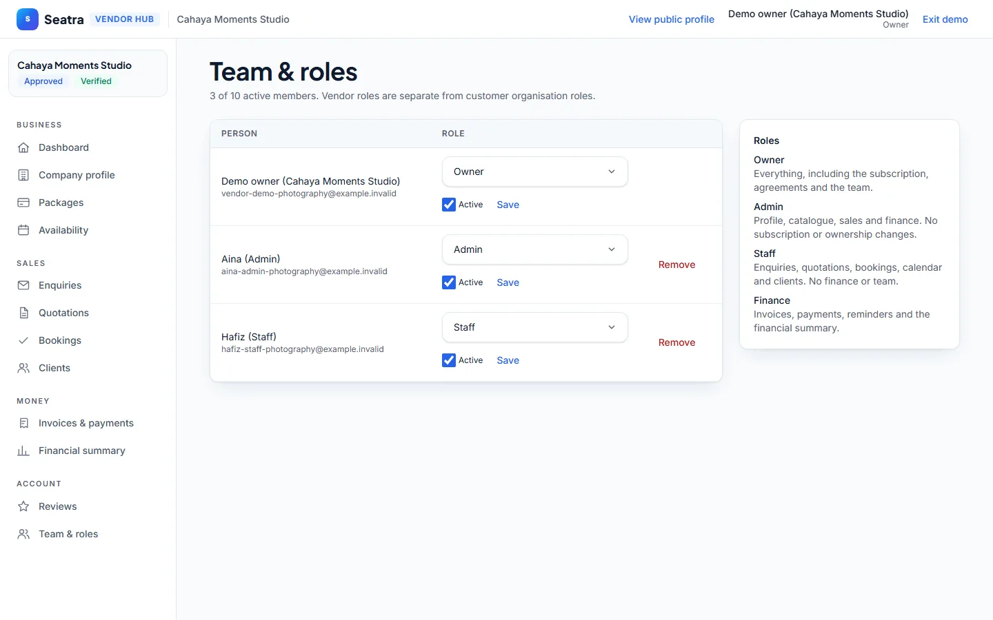 Seatra Vendor team permissions screen on desktop (fictional demo data)