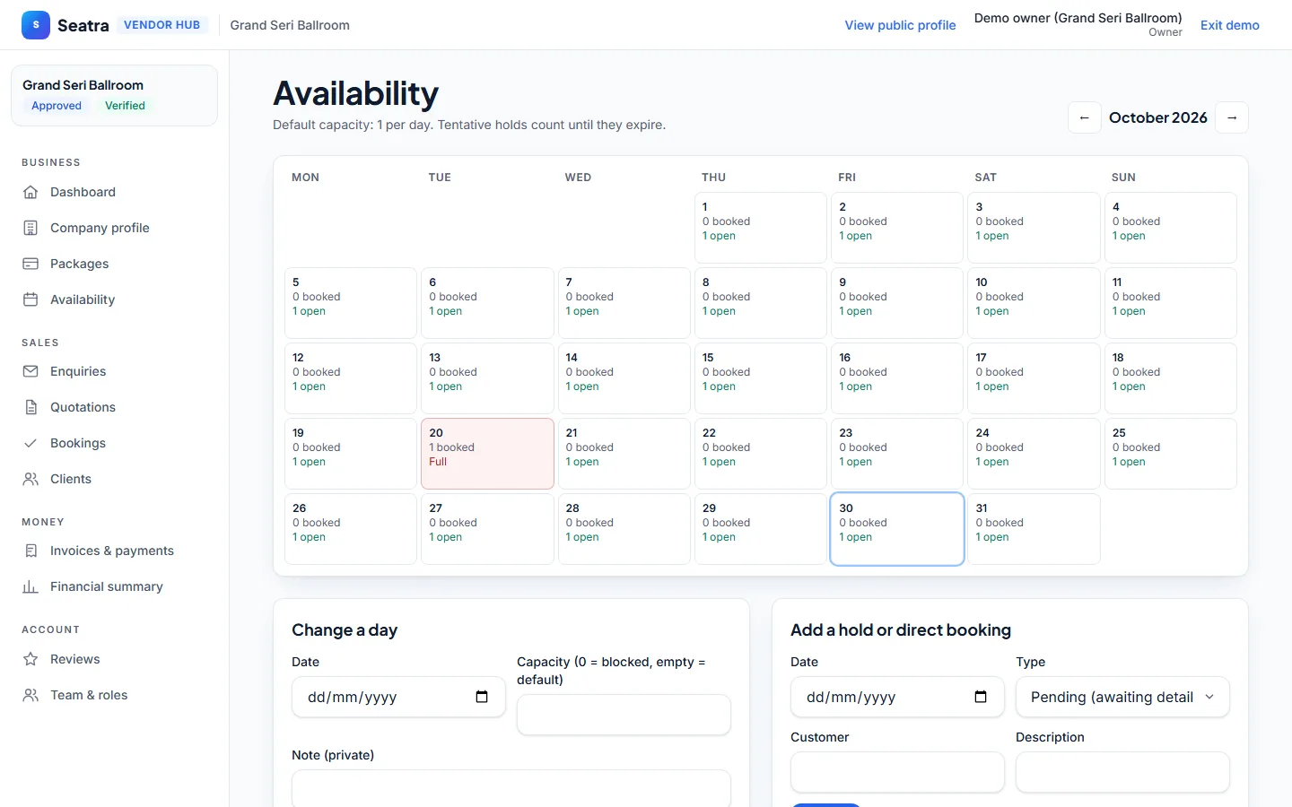 Seatra Vendor availability screen (fictional demo business)