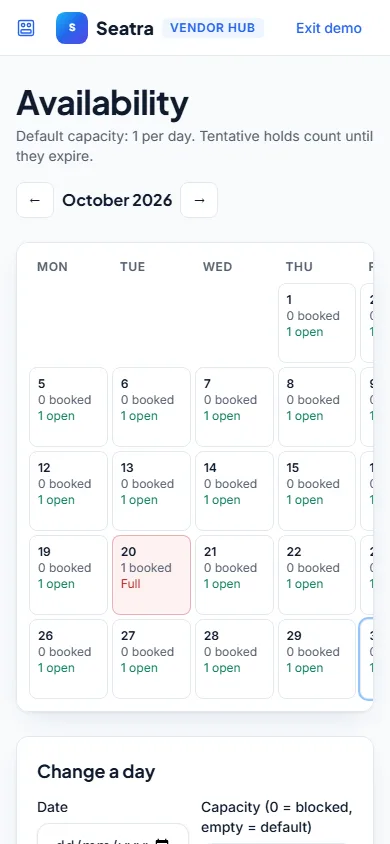 Seatra Vendor ballroom availability calendar on a phone (fictional demo business)